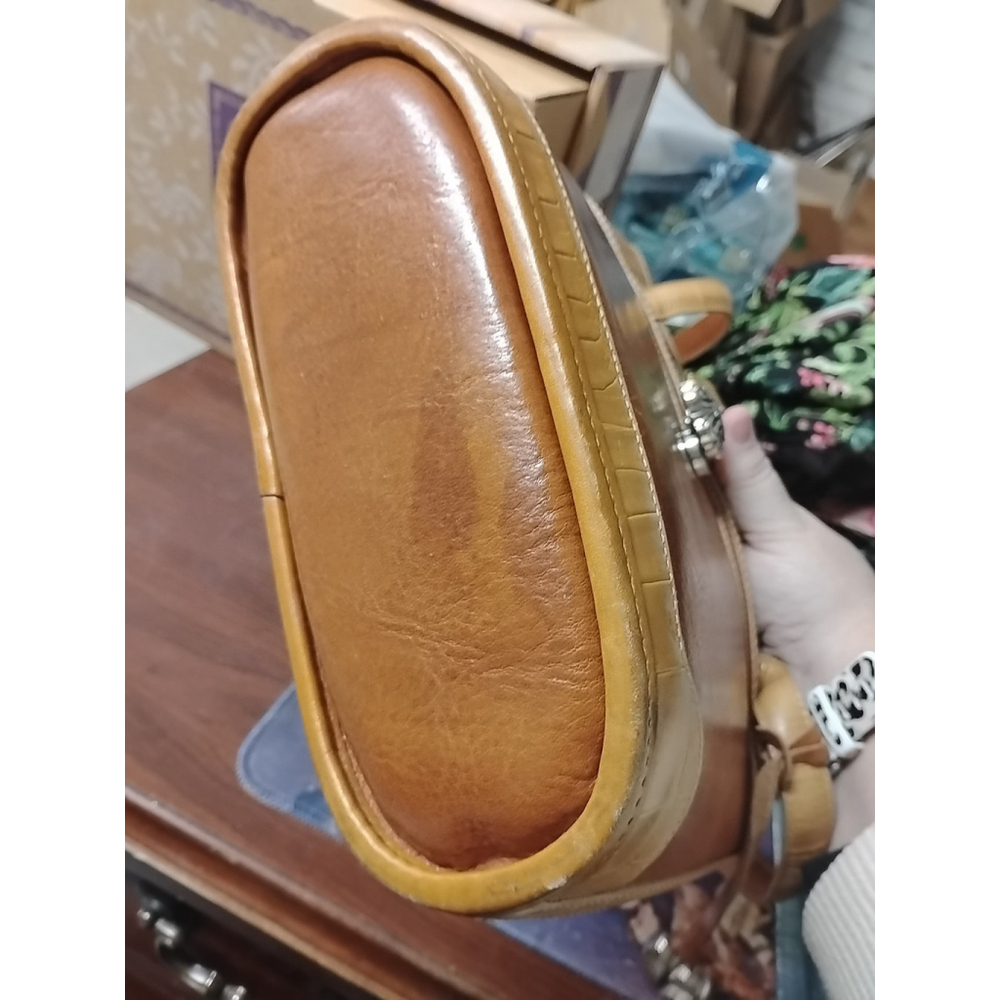 BRIGHTON Tan Cream Brown Croc Leather Bucket Shoulder Handbag Satchel Purse Bag - Picture 9 of 11